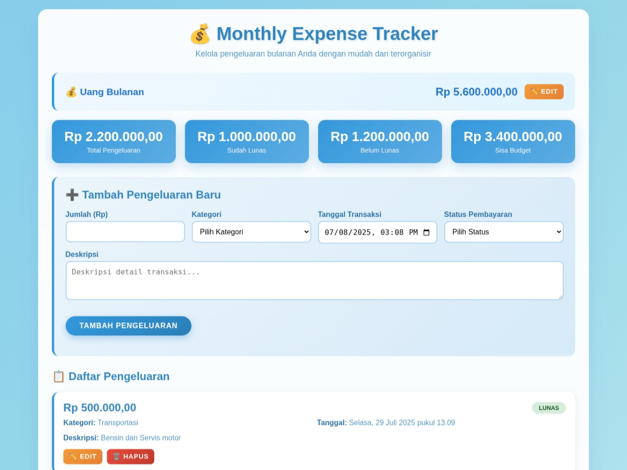 Monthly Expense Tracker UI
